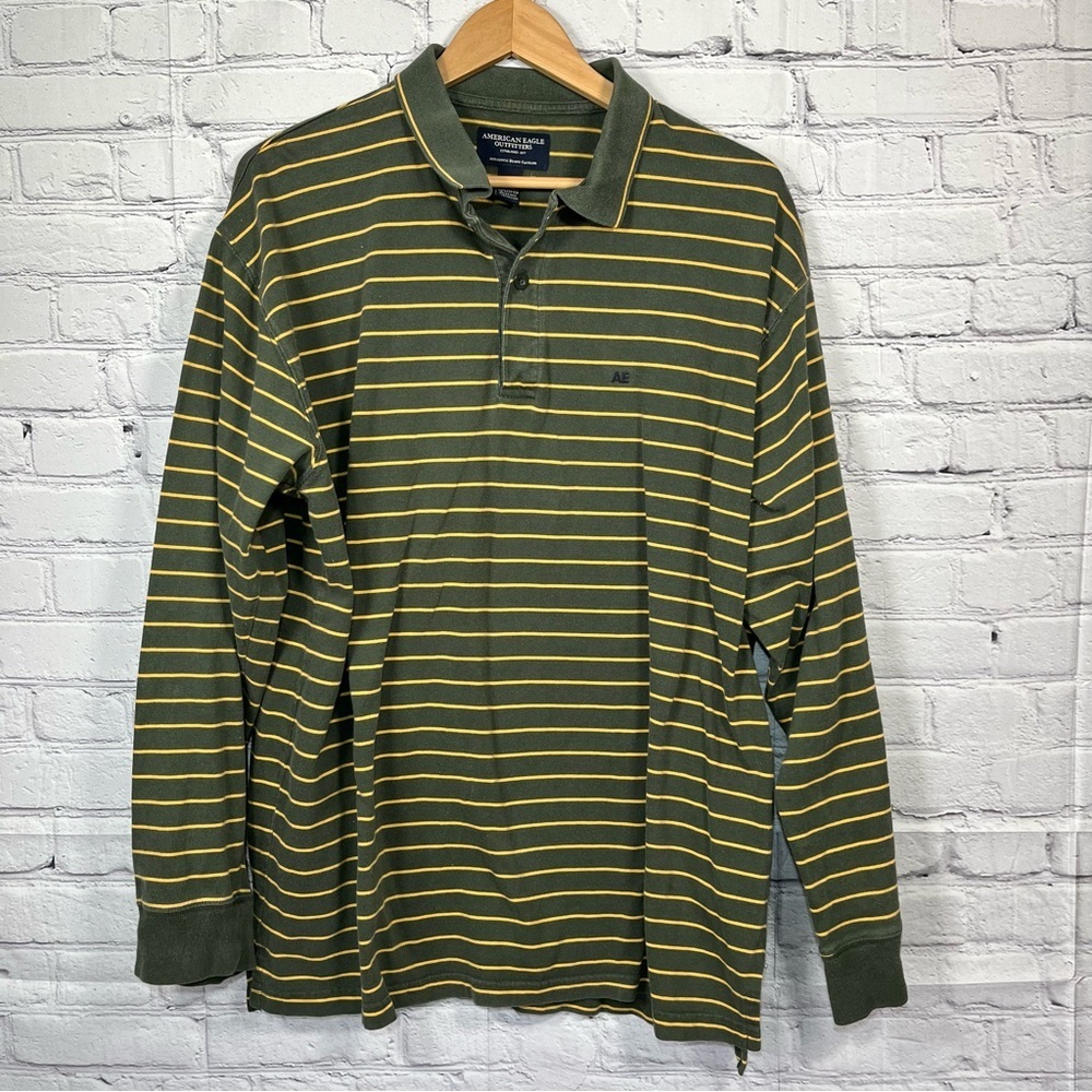 American Eagle Outfitters Rugby Polo Shirt Mens Size XL Green Striped Collared
